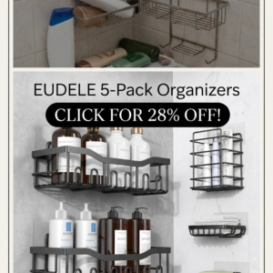 Maison & Macro product feature display highlighting an installed EUDELE 5-pack matte black adhesive shower caddy system loaded with premium toiletries on a modern white marble tile wall.