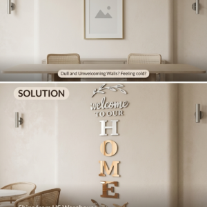 Minimalist living room entryway displaying a shiny acrylic mirror welcome letter sign cleanly applied to a neutral tone wall.