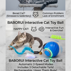 Blue BABORUI interactive cat toy ball spinning autonomously on a living room rug with interchangeable feather tails attached.